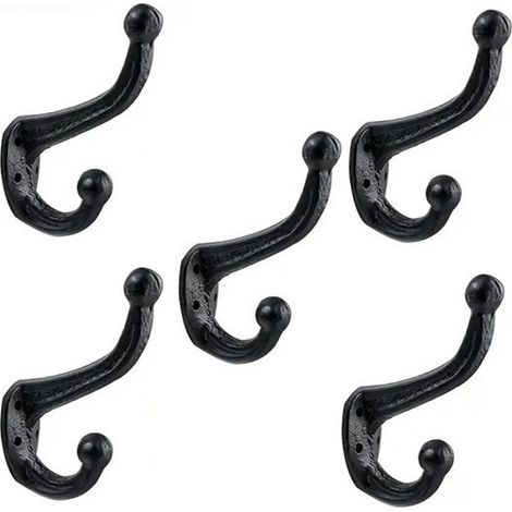 Schwarze Wandhaken aus Gusseisen, 5er-Pack Doppelhaken Antikschwarz Vintage-Dekoration Aufbewahrung für Mäntel und Hüte (1/3)