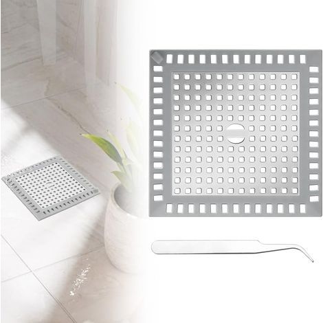 Crépine de vidange carrée pour douche, protection de drain carrée, crépine en acier inoxydable, attrape-cheveux de douche avec pince à épiler, crépine de vidange de 10,15 cm pour douches de salle de b (1/5)