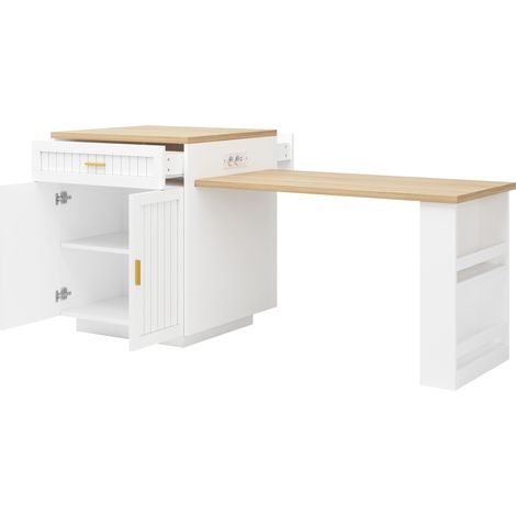 Îlot de cuisine extensible avec prise intégrée, 121,5–192 cm, portes verticales rainurées, 1 tiroir et étagères, blanc (1/5)
