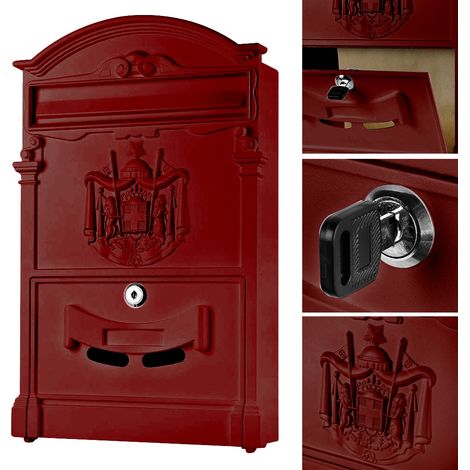 Melko Retro Briefkasten mit A4 Einwurf-Format, Aluguss und Stahl, ca. 25,5 x 8,6 x 41 cm, Rot (1/5)