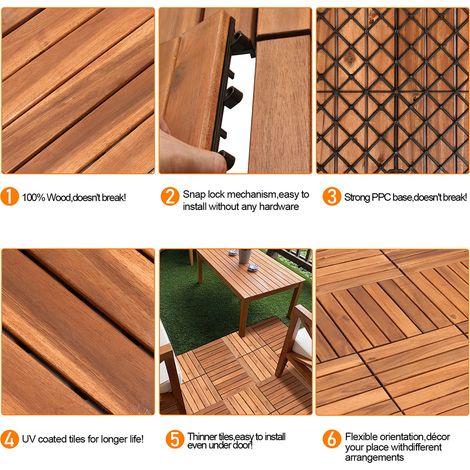 Swanew – Dalles de terrasse en bois d'acacia 30x30 cm – Système clips – Résistantes aux intempéries – Lot de 33 pièces pour 3m²