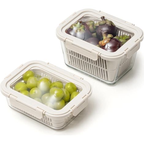 Lot de 2 boîtes de conservation en verre pour réfrigérateur – Récipients hermétiques pour fruits et légumes avec passoires amovibles, couvercles en silicone flexibles, anti-fuite, verre (1/5)
