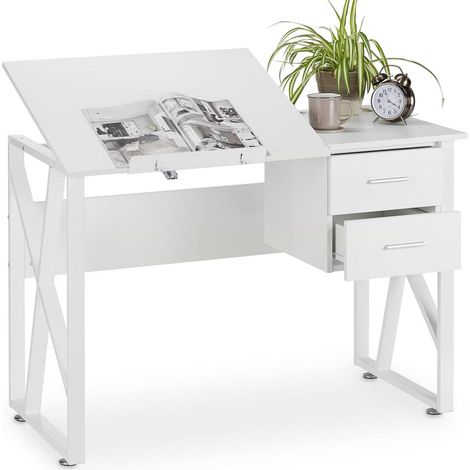 Scrivania Piano Reclinabile Cassettiera 2 Cassetti Tavolo Porta PC Computer Bian (1/5)