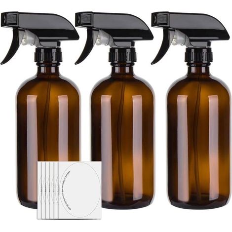 Set di 3 flaconi spray vuoti in vetro ambrato da 500 ml per la pulizia, con erogatore d'acqua a grilletto regolabile. (1/4)