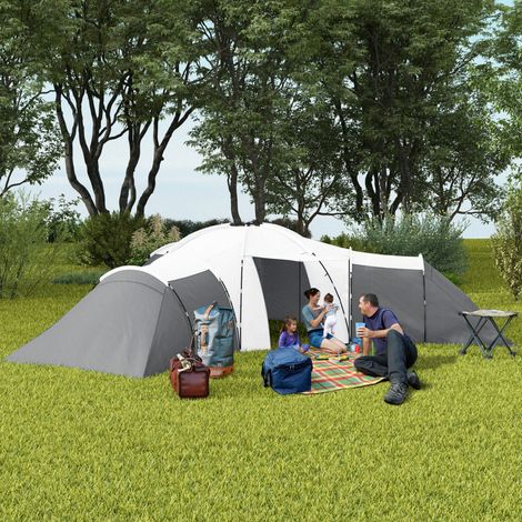 Tente camping 6-9 personnes 4 chambres auvent imperméable 615x615x225cm, gris