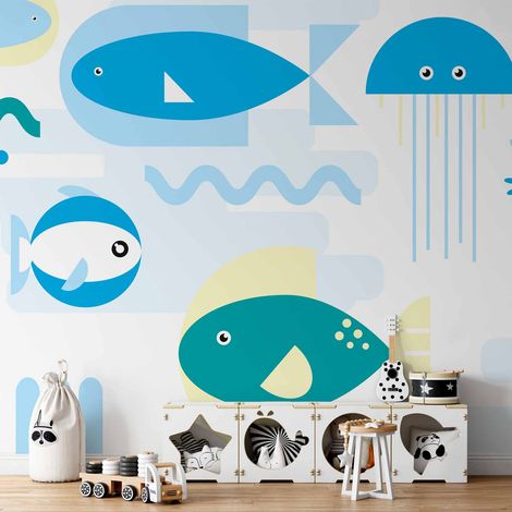 Papier peint photo - Animaux marins - Poissons bleus géométriques dans l'eau pour enfants (1/5)