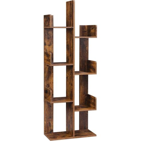 Bibliothèque arbre étagère à 8 compartiments meuble de rangement 50 x 25 x 140 cm avec coins arrondis et rebords marron rustique