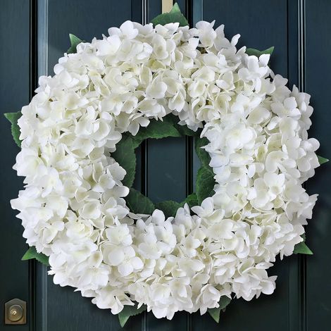Grande couronne d'hortensias artificiels de 50 cm pour la porte d'entrée (blanc)  Couronne d'hortensia artificielle pleine et luxuriante, faite de fleurs imitation soie, adaptée aux fenêtres, murs, ma (1/5)