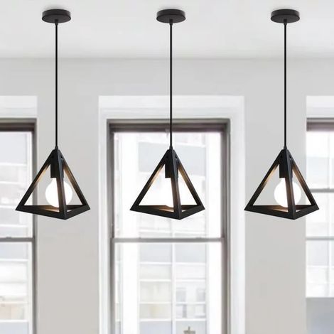 Lot de 3 Vintage Lampe Suspension en Fer Forge Industrielle Lustre Plafonnier Triangle Noir Style Nordique pour Salon Chambre (1/4)
