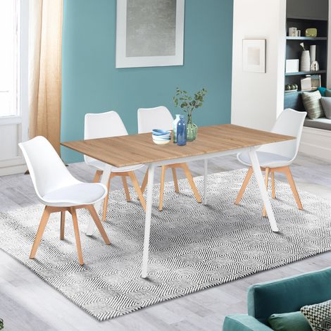 INGA Mesa extensible escandinava, 4-8 personas, tablero de madera, patas blancas 120-160 cm