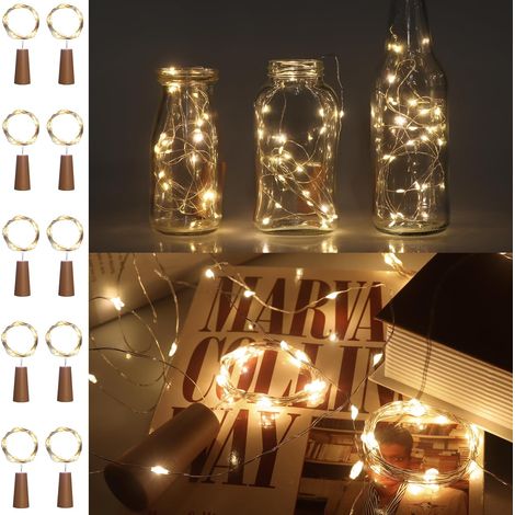 Lot de 10 Lumières de Bouteille Avec Liège Blanc Chaud, 2M 20 LED, Mini Guirlande Lumineuse en Fil de Cuivre étanche Pour Bouteille de Vin Pour Bricolage, Fête, Décoration de Vacances, (Blanc Chaud) (1/5)