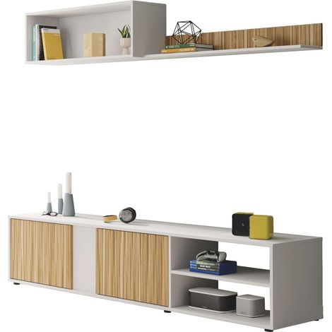 Meuble TV réversible Finition blanche « Artik » et naturel, dimensions : 40 x 180 x 33 cm (H x l x P). (1/5)