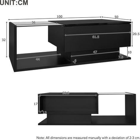 MEUBLIV Mesa de centro negra 100x50x32 cm con tapa de cristal, LED, 1 cajón y almacenaje (1/5)
