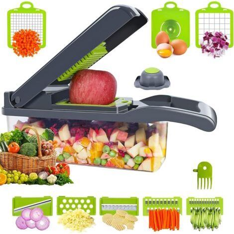 Slicer, 12 in 1 Multifunction Vegetable Cutter, 7 Interchangeable Stainless Steel Blades with Egg Separator, Hand Guard Ideal for Cutting Fruit (1/4)