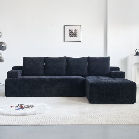 Canapé d’angle réversible en chenille noire, canapé avec chaise longue, range-revues latéral et 2 porte-gobelets (1/5)