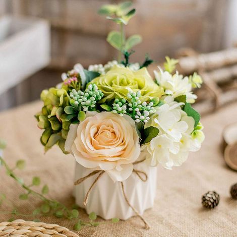 Bouquet de Roses artificielles en Soie avec Vase en céramique pour Table, Bureau, Mariage (Mix Color-1) (1/5)
