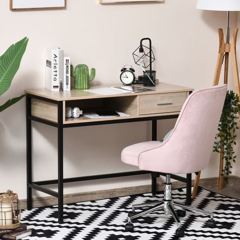HOMCOM Bureau avec rangement table bureau Industriel bureau ordinateur avec tiroir châssis métal Noir Plateau bois chêne Clair