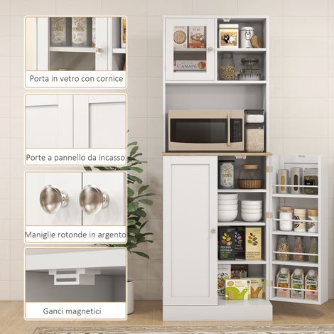 Armoire micro-ondes cuisine blanc 60x35x169 cm avec rangement épices, étagères ouvertes et placard porte-épices (1/5)