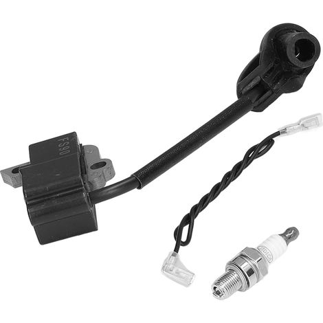 Bougie d'allumage et bobine d'allumage adaptées pour débroussailleuse STIHL FS90R, FS110R, KM110R (lot bobine + bougie, emballage bulle). (1/5)
