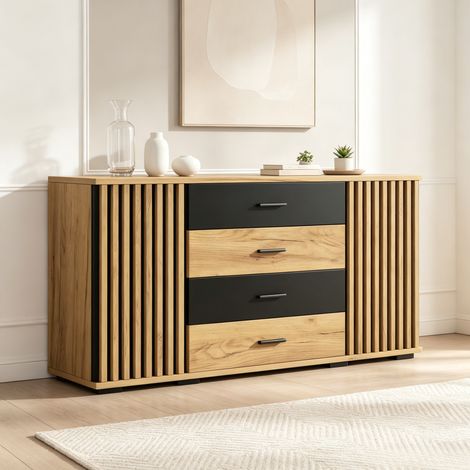 Credenza 140x35x70 cm in MDF nero e rovere, 4 cassetti, 2 ante, ripiani regolabili, soggiorno e sala da pranzo (1/5)