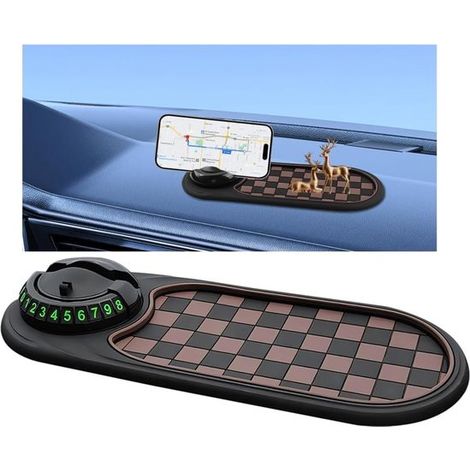 Alfombrilla antideslizante multifuncional para coche – Alfombrilla giratoria 3 en 1 con soporte para teléfono y número de aparcamiento – para salpicadero (Gris/Negro) (1/4)