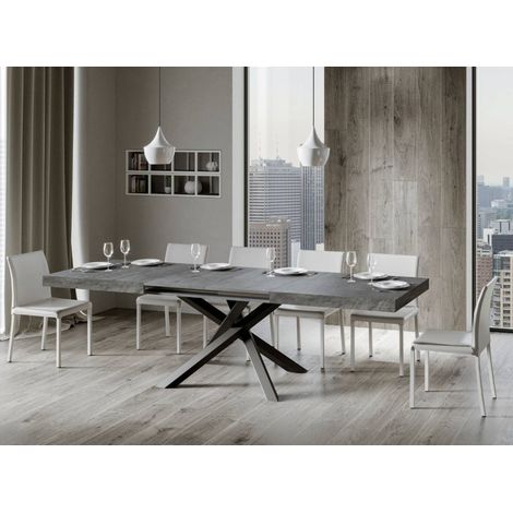 Les Tendances – Table extensible 6 à 12 personnes – Longueur 160 à 264 cm – Bois mélaminé gris béton – Pieds en acier anthracite entrelacés – Fabrication italienne (1/5)
