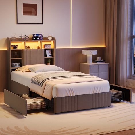 Cama para adultos 90x200 cm – Cama individual – Cabecero con múltiples compartimentos – Iluminación LED RGB – Base de láminas – 2 cajones – Ropa de cama beige (1/5)