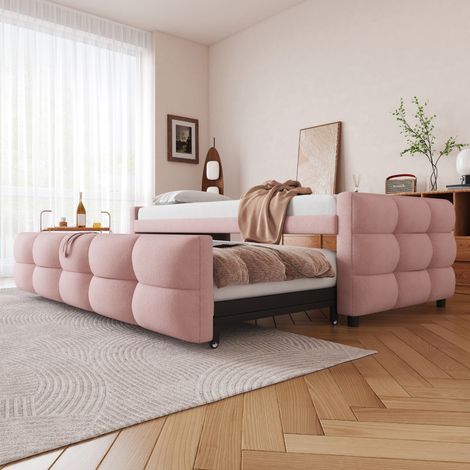 Canapé-lit convertible en velours rose, matelas non inclus, 90x190cm, 2 places, sommier à lattes intégré, banquette-lit extensible, lit d'appoint multifonction, tissu moelleux, 180cm. (1/5)