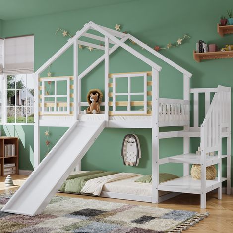 Lit superposé cabane 90 x 200 blanc avec toboggan, escalier et fenêtres (1/5)