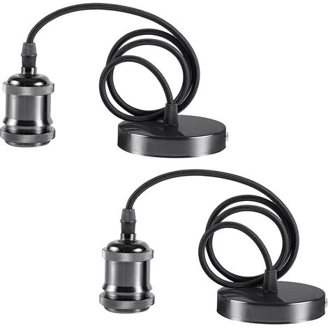 Lot de 2 suspensions vintage E27 en laiton antique avec fil de terre et câble tressé de 90 cm, noir nacré (1/5)