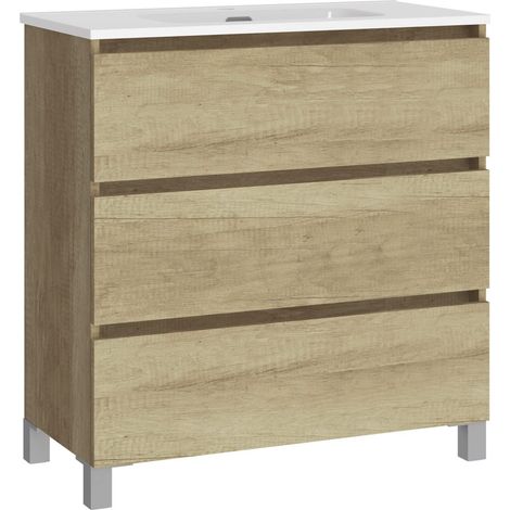 Ensemble de Salle de Bain Natura - Meuble de Salle de Bain à Fond réduit avec lavabo en céramique - Distribution Trois tiroirs - Meuble monté - Trois tiroirs sans Miroir - Fond 36 cm 80 cm (1/5)