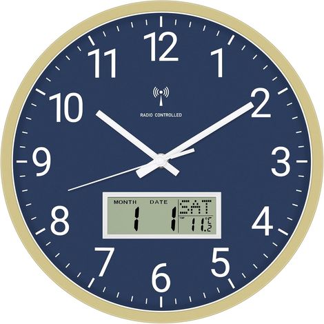 Horloge Murale Numérique et Analogique 30 cm avec écran LCD - Horloge Radio Pilotée Digitale avec Température, Date, Jour de la Semaine - Silencieuse pour Cuisine, Salon, Salle de Bain -Bleu (1/5)