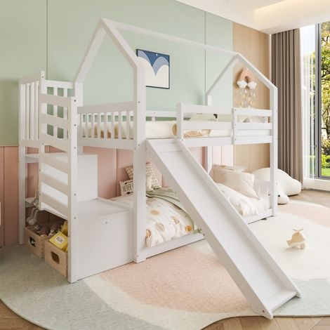 Lit étagé 90x200 cm blanc tiroirs étagères toboggan enfant ado sans matelas (1/5)
