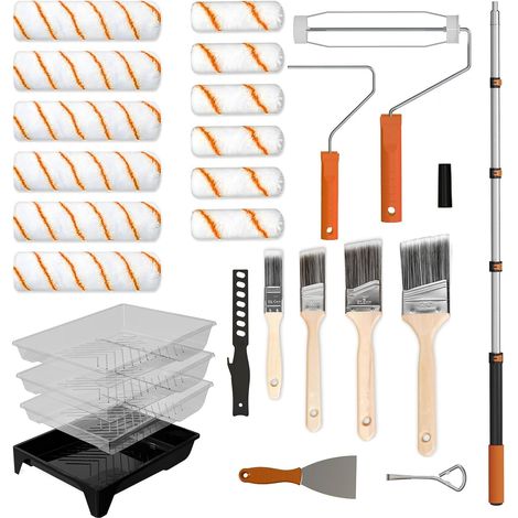 Paint Roller with 1.3 m Telescopic Pole, 27 Pieces Wall Painting Kit, 23 cm/10 cm Paint Rollers for Walls, Microfibre Handles for Painting, Orange (1/5)