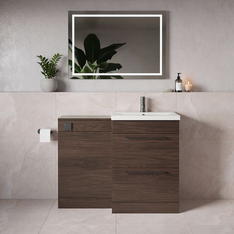 Napoli 390 Brown Oak 1100mm 2 Drawer Vanity Unit Toilet Suite with Glide Basin - 1100mm - Gunmetal Grey 320mm HandleWithout Kingston Toilet Pan