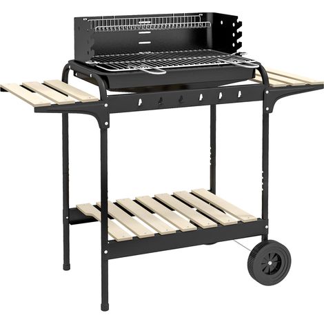 Barbecue à charbon de bois en métal avec roulettes, grille réglable en hauteur, étagère à bois, chariot mobile, idéal pour barbecue, camping et terrasse, 103 x 47 x 95 cm