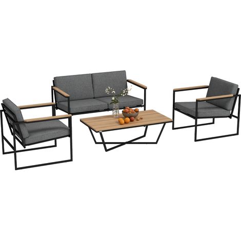 Wetterfestes Gartenmöbelset für 4 Personen, bestehend aus einem 2-Sitzer-Sofa, 2 Sesseln, Sitzkissen und einem Beistelltisch, grau.