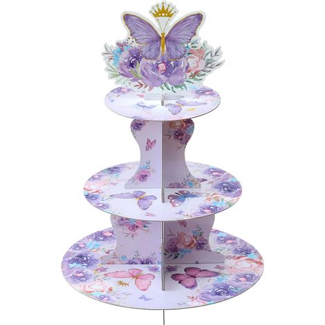 Présentoir à cupcakes papillon à 3 étages, présentoir en carton à motif floral, présentoir à cupcakes papillon violet pour baby shower (1/5)