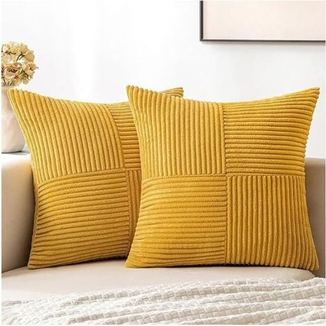 Set di 4 federe per cuscini, 45 x 45 cm - Velluto a coste - Stile bohémien - Aspetto estetico - Adatto per divano, camera da letto, soggiorno - Giallo brillante (1/4)