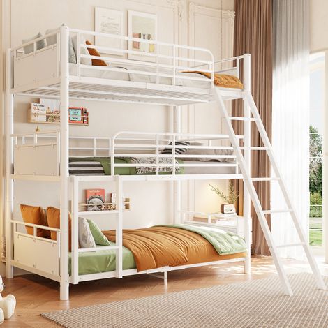 MODFU – Letto a castello triplo 90x200 cm in metallo/legno modulabile in 3 letti con 2 scale, carico 120 kg – Bianco (1/5)