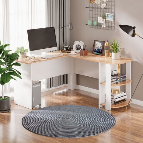 Mesa de Ordenador PC Escritorio con Estantes para Oficina Hogar Tipo Esquinera Forma L 136x130x72cm Madera (1/4)