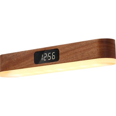Lampe horloge minimaliste en bois de sapelli, lampe horloge avec télécommande, lampe de chevet en bois massif, lampe de (1/5)