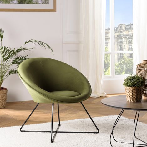 AGATHE - Fauteuil tissu velours vert olive pieds croisés métal noir (1/5)