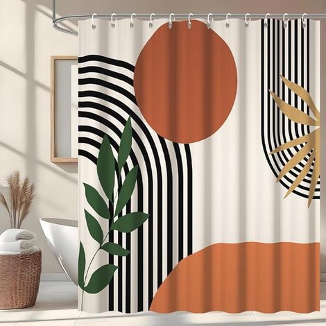 Rideau Douche Anti Moisissure, Rideau de Douche Terracotta 180x180cm Tissu Lavable Orange Boheme Rideaux de Baignoire Abstrait Imperméable Polyester Rideaux Salle de Bain avec 12 Crochets (1/5)