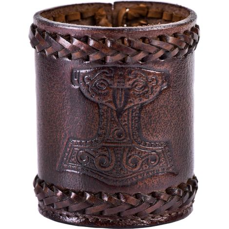 Gobelet à dés Viking avec Motif Mjölnir - en Cuir véritable - Tasse médiévale - LARP - (Marteau de Thor Marron) (1/5)