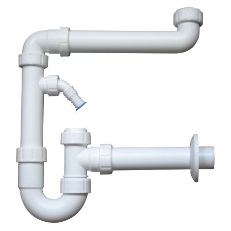 Siphon d'espace pour pièces PP-R 1 1/2" & 1 1/4", avec ouverture de nettoyage DN 40/50/56, blanc avec raccord pour appareil (1/2)