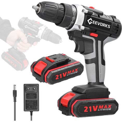 21V cordless drill/driver with 2 x 1200mAh batteries – 25Nm torque – 25+2 speed settings for drilling wood and concrete (1/4)