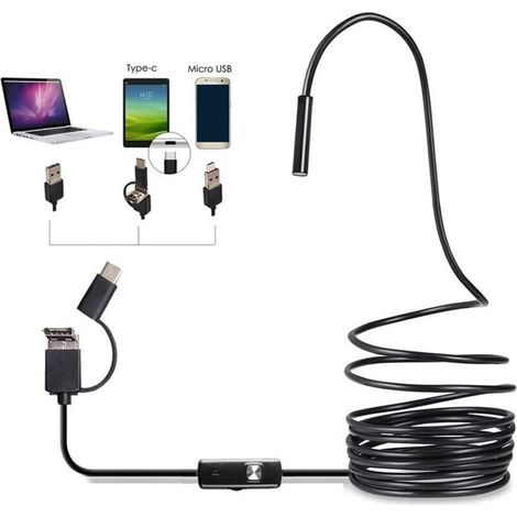 Telecamera endoscopica 3 in 1, telecamera HD impermeabile, sonda per scarichi con 6 luci LED regolabili, adattatore USB per telefono Android