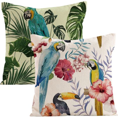 Ensemble de 2 housses de coussin décoratives à motifs floraux tropicaux, palmiers, feuilles et perroquets. Dimensions standard carrées : 45,7 x 45,7 cm (18 x 18 pouces). (1/5)