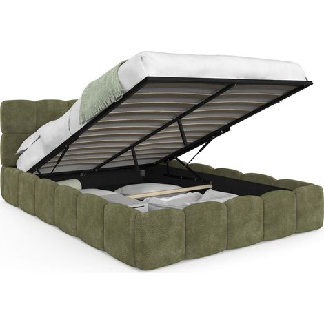Idmarket – Lit coffre double NUAGE 140 x 190 cm – Tête de lit matelassée en bouclette vert kaki – Sommier relevable 24 lattes – Rangement intégré (1/5)